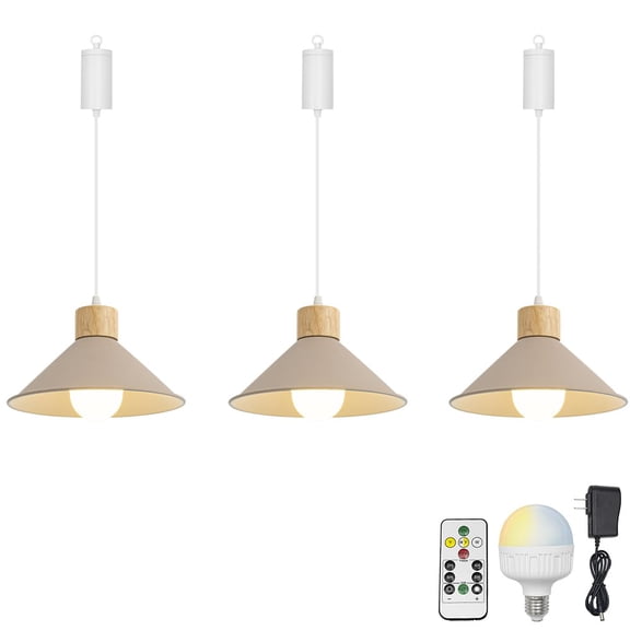 KAYYELAMP 3Pcs Rechargeable Battery Adjusted Height Hanging Light Remote LED Dimmer Timing Bulb Log Wood Base Khaki Shade Retro Design for Bedroom Kitchen Farmhouse