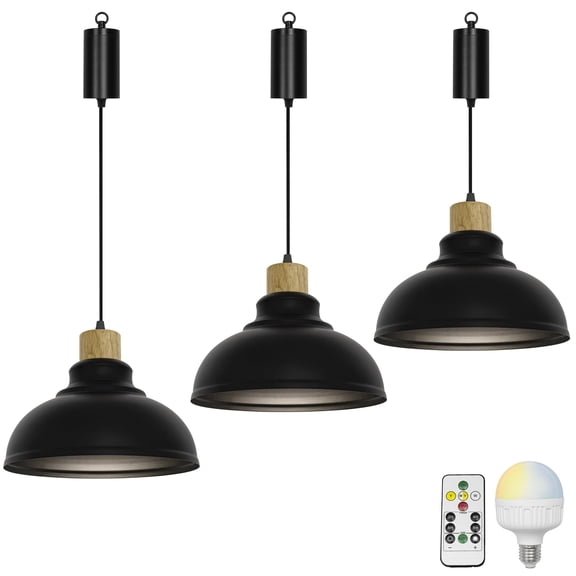 KAYYELAMP 3Pcs Rechargeable Battery Adjusted Height Hanging Light Remote LED Dimmer Timing Bulb Wood Base Black 11.8" Dia Shade Retro Design for Depot Kitchen Farmhouse