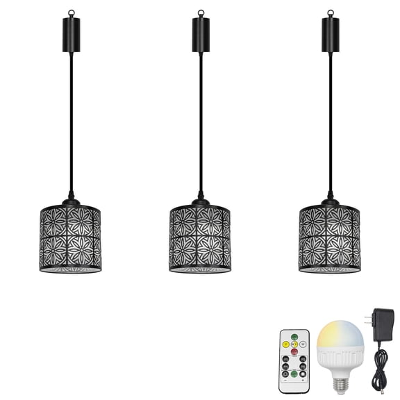 KAYYELAMP 3Pcs Rechargeable Battery Cord Hanging Light with Remote LED RGB Bulb Adjusted Height Black Hollow Petal Shade Creative Design for Kitchen Farmhouse Countertop