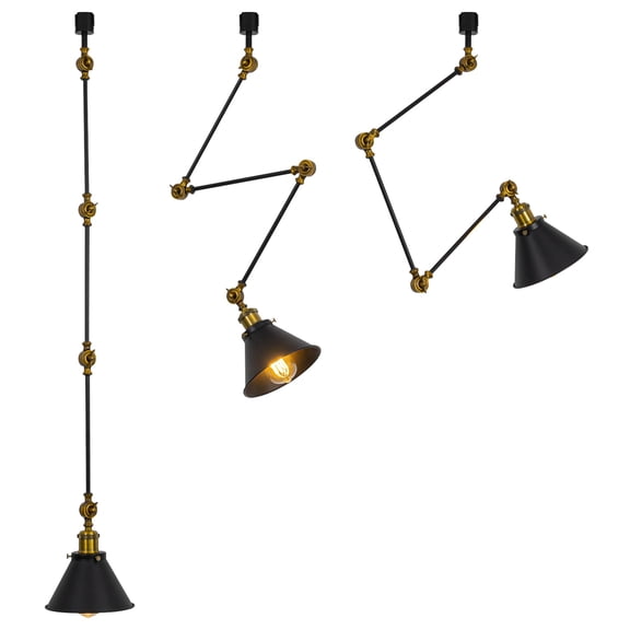 KAYYELAMP 47.8 inches Height Track Lamp with Black Metal Shade E26 Base Adjusted Angle J-Type Track Lighting Set Three Retro Design for Bar Background Store Kitchen(No Bulb, Track)