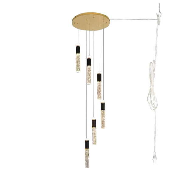 KAYYELAMP 6-Light Full Spectrum Dimming Chandelier with 15ft Plug-in Cord Adjustable Height Modern Ceiling Light for Living Room Entrance Stairs Farmhouse