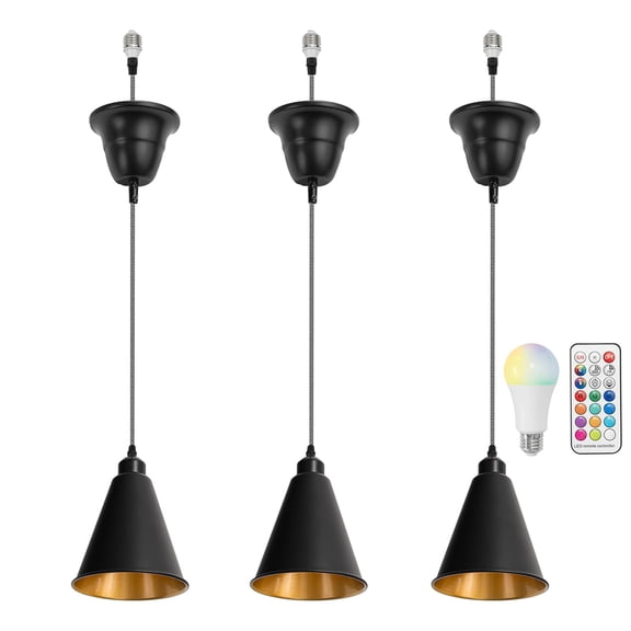 KAYYELAMP 7.4 Inches Inner Gold Cone Shade Remote Dimmable Hanging Light E26 Base Adjusted Black & White Wave Braided Cord 3-Pack Droplight Modern Pendant Light for Kitchen Island Sink Home