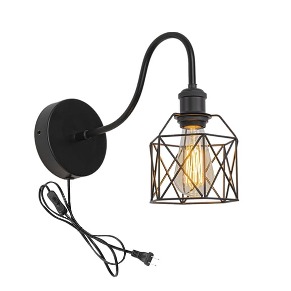 KAYYELAMP 70.8 Inches Plug in Cord Gooseneck Metal Wall Sconce Black Base Cage Shade Vintage Minimalist 1-Light for Bedside Doorway(No bulb)