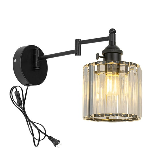 KAYYELAMP 9.8 Ft Plug in On/Off Switch Corded Wall Sconce with Swing Arm Wall Mounted Light Crystal Shade Vintage Design No Wiring Required for Loft Kitchen Bedroom(No Bulb)