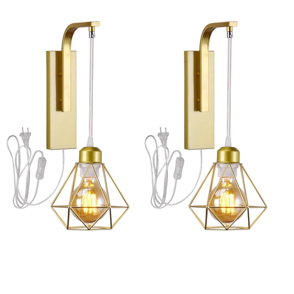 KAYYELAMP 9.8Feet Plug in Button Cord Adjustable Gold Metal Cage Wall Sconce Retro Design for Loft Living Room Bedroom Farmhouse Set Two