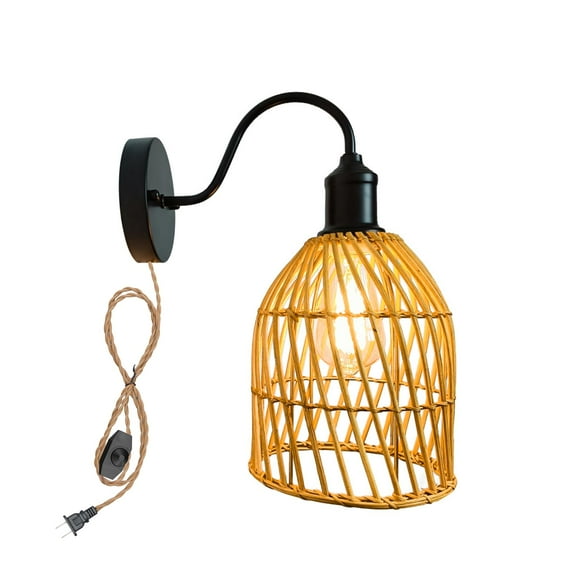 KAYYELAMP 9.8Feet Plug in Hemp Dimmer Cord Rattan Cage Black Metal Wall Sconce Retro Design for Loft Living Room Bedroom Farmhouse