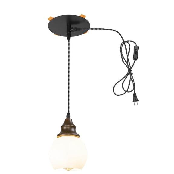 KAYYELAMP 9.8Ft Plug-in Cord Instant Pendant Walnut Base White Glass Ball Shade Vintage Design Hanging Lamp 3"-4" Recessed Light Replacement Downlight for Kitchen(No Bulb)