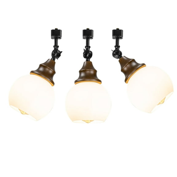 KAYYELAMP Adjustable Angle J-Type Track Head E26 Walnut Base White Glass Ball Shade Tracking Ceiling Light Vintage Decor for Kitchen Home Office 3 Pcs(No Bulb, Track)