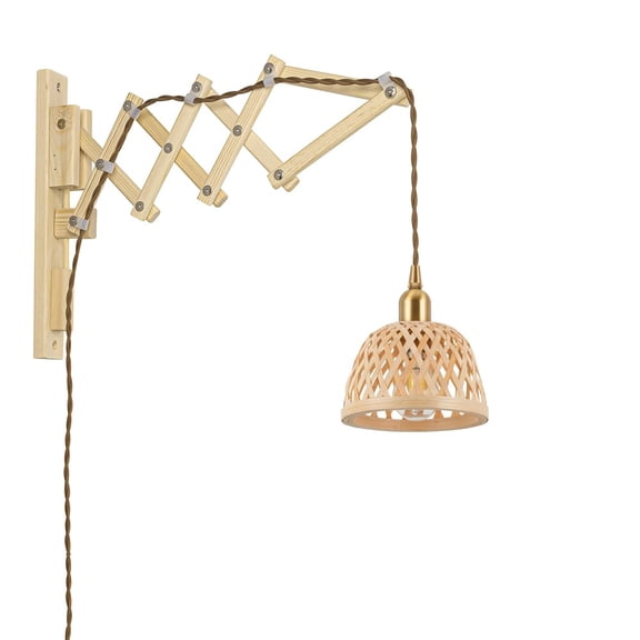 KAYYELAMP Adjustable Front to Back Wooden Wall Sconce with 9.8ft Plug-in Cord E12 Brass Base Rattan Mini Shade Wabi-sabi Style for Home Office(No Bulb)
