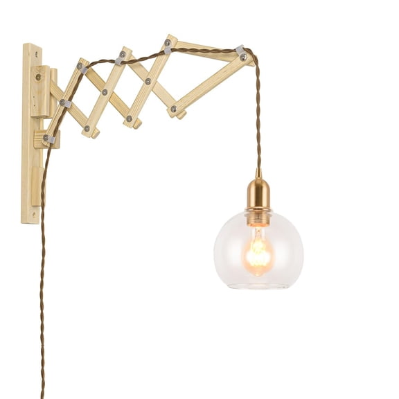 KAYYELAMP Adjustable Front to Back Wooden Wall Sconce with 9.8ft Plug-in Cord E26 Brass Base Clear Rounded Glass Shade Wabi-sabi Style for Home Office(No Bulb)