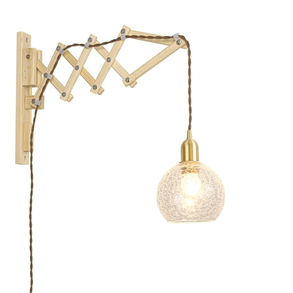 KAYYELAMP Adjustable Front to Back Wooden Wall Sconce with 9.8ft Plug-in Cord E26 Brass Base Cracked Glass Ball Shade Wabi-sabi Style for Home Office(No Bulb)
