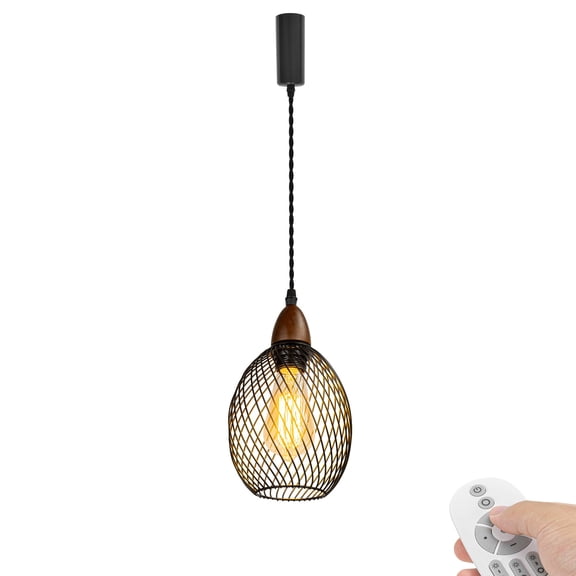 KAYYELAMP Adjusted 3.2ft Cord H-Type Track Mount Remote Dimming On/Off Pendant Walnut Base Black Metal Oval Cut-Out Shade Retro Design For Kitchen Restaurant(No Track)