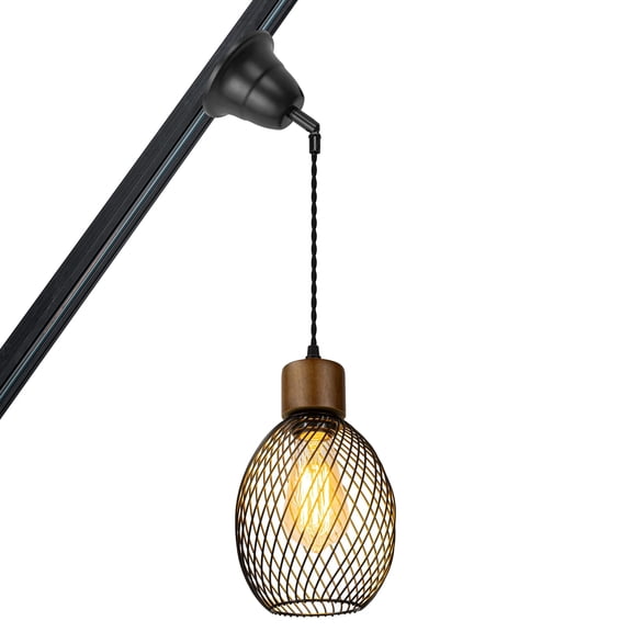 KAYYELAMP Adjusted 3.2ft Cord J-Type Tilted Space Track Mount Pendant Walnut E26 Base Black Metal Oval Cut-Out Shade Retro Design For Kitchen Home(No Bulb, Track)