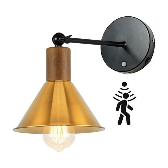 KAYYELAMP Battery Run Adjusted Angle Hook Type PIR Motion Sensor Wall Sconce Walnut Base Gold Shade Retro Design for Loft Apartment Bedroom