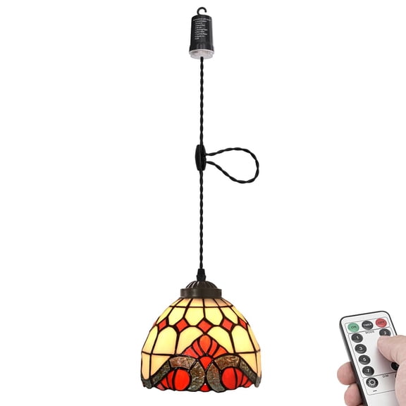 KAYYELAMP Battery Run Hook Hanging Lamp Remote Dimmable Neutral Lighting Art Handmade Glass 3.9ft Adjustable Cord Tiffany Baroque Style for Kitchen Store 1Pcs
