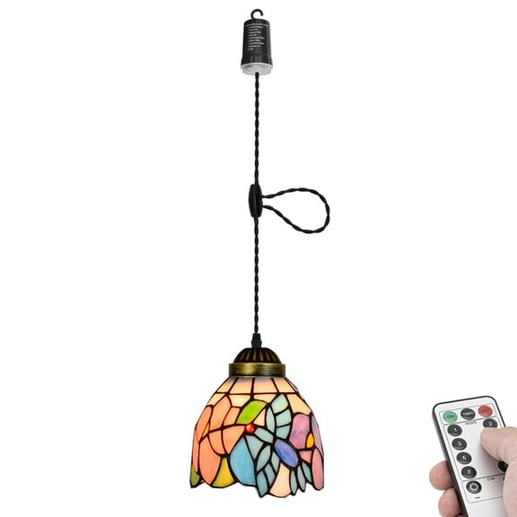 KAYYELAMP Battery Run Hook Tiffany Hanging Lamp Remote Dimmable Neutral Lighting Art Handmade Bird Pattern Colorful Glass 3.9ft Adjustable Cord for Kitchen Store 1Pcs
