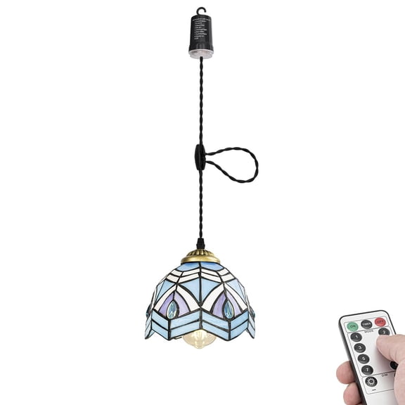 KAYYELAMP Battery Run Hook Tiffany Hanging Lamp Remote Dimmable Neutral Lighting Art Handmade Blue Glass Shade 3.9ft Adjustable Cord Antique Style for Kitchen Store 1Pcs