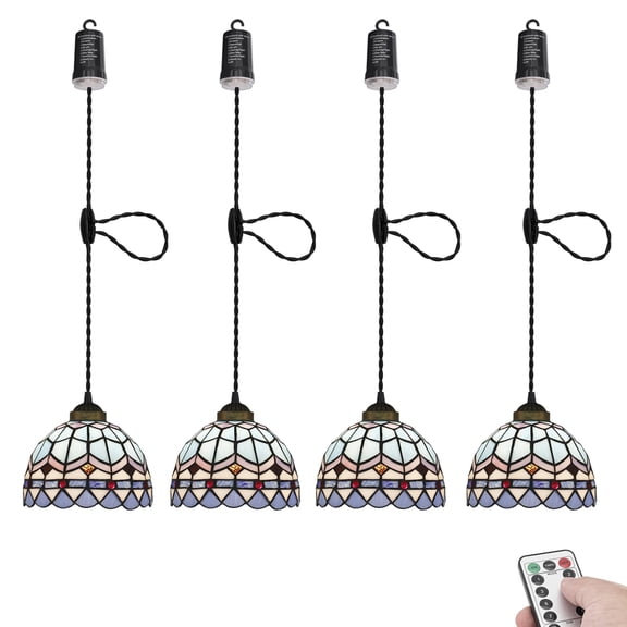 KAYYELAMP Battery Run Hook Tiffany Hanging Lamp Remote Dimmable Neutral Lighting Art Handmade Blue Glass Shade 3.9ft Adjustable Cord for Kitchen Store Set of 4