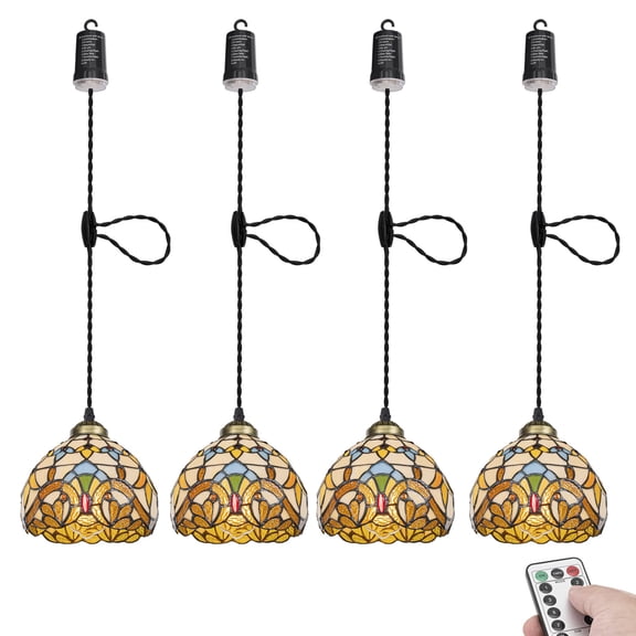 KAYYELAMP Battery Run Hook Tiffany Hanging Lamp Remote Dimmable Neutral Lighting Art Handmade Brown Glass Shade 3.9ft Adjustable Cord Antique Style for Kitchen Store Set of 4