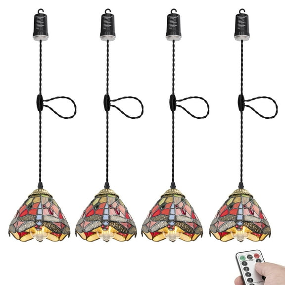 KAYYELAMP Battery Run Hook Tiffany Hanging Lamp Remote Dimmable Neutral Lighting Art Handmade Dragonfly Pattern Glass 3.9ft Adjustable Cord for Kitchen Store Set of 4
