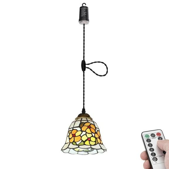KAYYELAMP Battery Run Hook Tiffany Hanging Lamp Remote Dimmable Neutral Lighting Art Handmade Flowers Pattern Glass 3.9ft Adjustable Cord for Kitchen Store 1Pcs