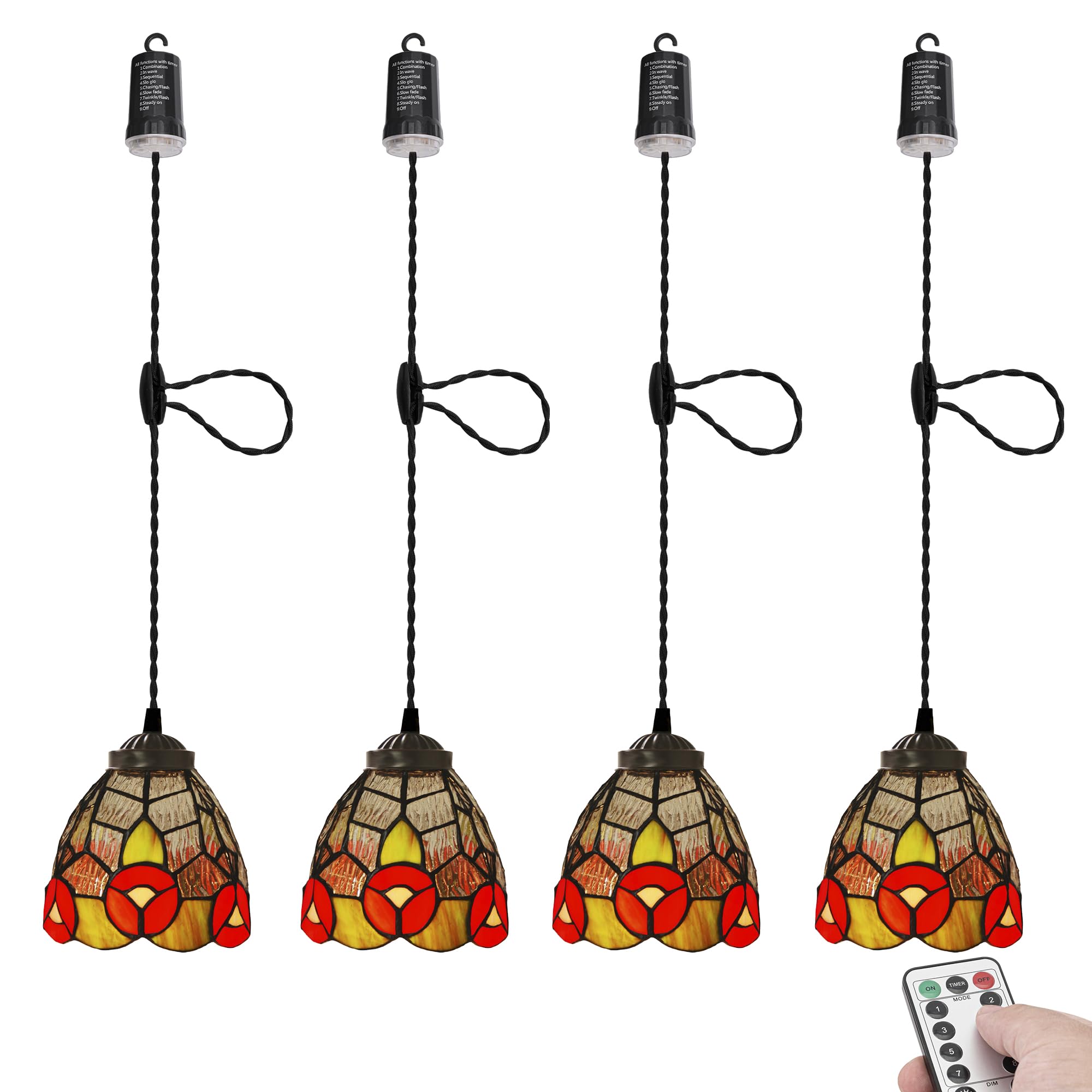 KAYYELAMP Battery Run Hook Tiffany Hanging Lamp Remote Dimmable Neutral Lighting Art Handmade Glass 3.9ft Adjustable Cord Modern Trend Style for Kitchen Store Set of 4