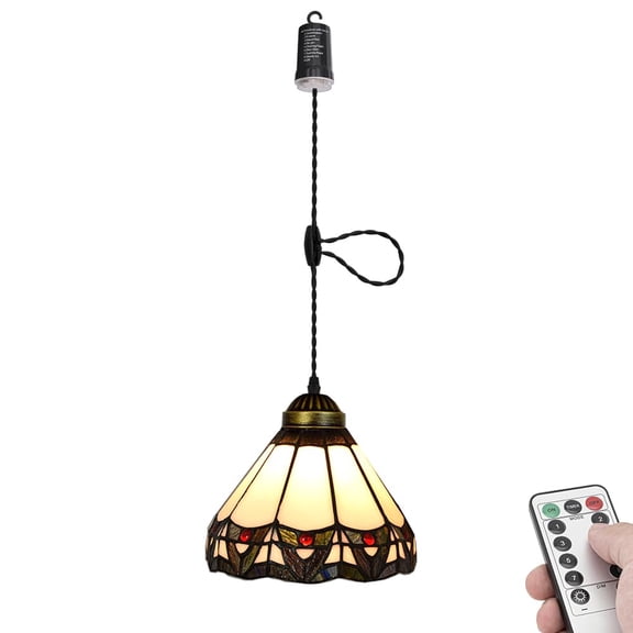 KAYYELAMP Battery Run Hook Tiffany Hanging Lamp Remote Dimmable Neutral Lighting Art Handmade Glass Shade 3.9ft Adjustable Cord for Kitchen Store 1Pcs