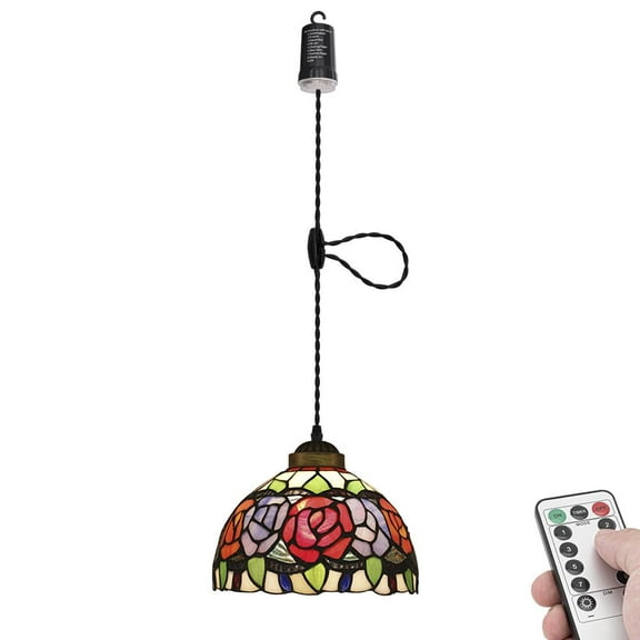 KAYYELAMP Battery Run Hook Tiffany Hanging Lamp Remote Dimmable Neutral Lighting Art Handmade Multi-Color Rose Glass Shade 3.9ft Adjustable Cord Antique Style for Kitchen Store 1Pcs