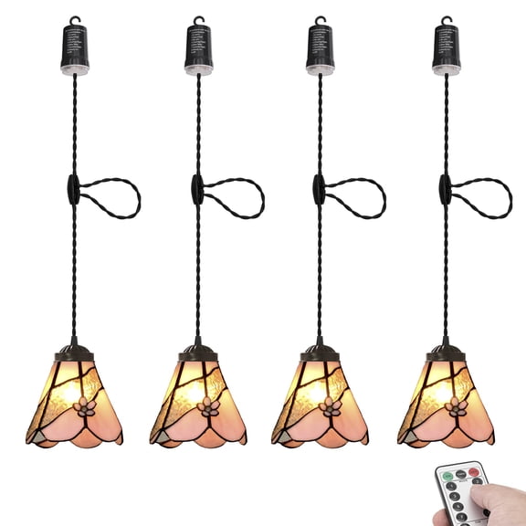 KAYYELAMP Battery Run Hook Tiffany Hanging Lamp Remote Dimmable Neutral Lighting Art Handmade Pink Glass 3.9ft Adjustable Cord for Kitchen Store Set of 4