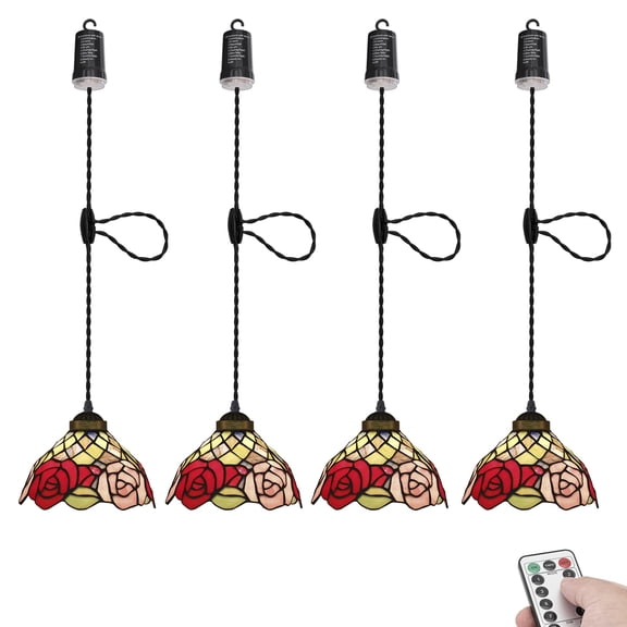 KAYYELAMP Battery Run Hook Tiffany Hanging Lamp Remote Dimmable Neutral Lighting Art Handmade Red/Pink Rose Glass Shade 3.9ft Adjustable Cord for Kitchen Store Set of 4
