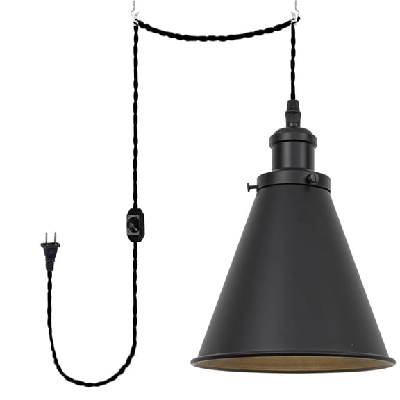 KAYYELAMP Black Cone Lampshade with Base 19.6 Feet Plug in Dimmable Cable Retro Pendant Light for Island Kitchen Dining Table Loft Farmhouse(No Bulb)