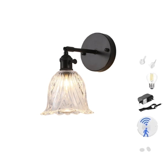 KAYYELAMP Black & Floral Textured Clear Glass Shade LED Wall Sconce with Wireless Motion & Light Sensor,Rechargeable Battery Operated, for Bedroom Bedside Hallway Living Room