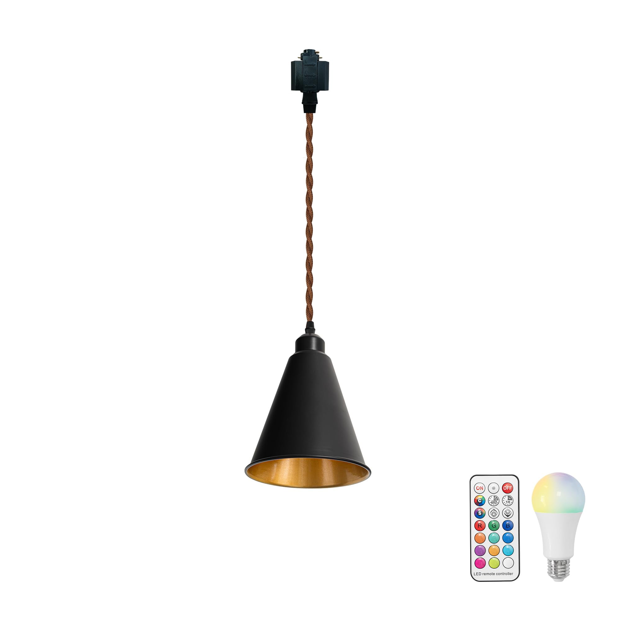 KAYYELAMP Black Metal Cone Shade Inner Gold Track Lighting H-Type 11.8 Inches Brown Twisted Cord Vintage Remote RGB Warm Light Track Lamp for Kitchen Dining Table Loft