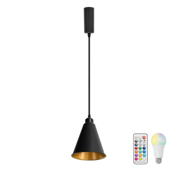 KAYYELAMP Black Metal Cone Shade Inner Gold Track Lighting H-Type 39.3 Inches Woven Black Adjusted Cord Remote RGB Warm Light Vintage Track Lamp for Kitchen Dining Table Loft