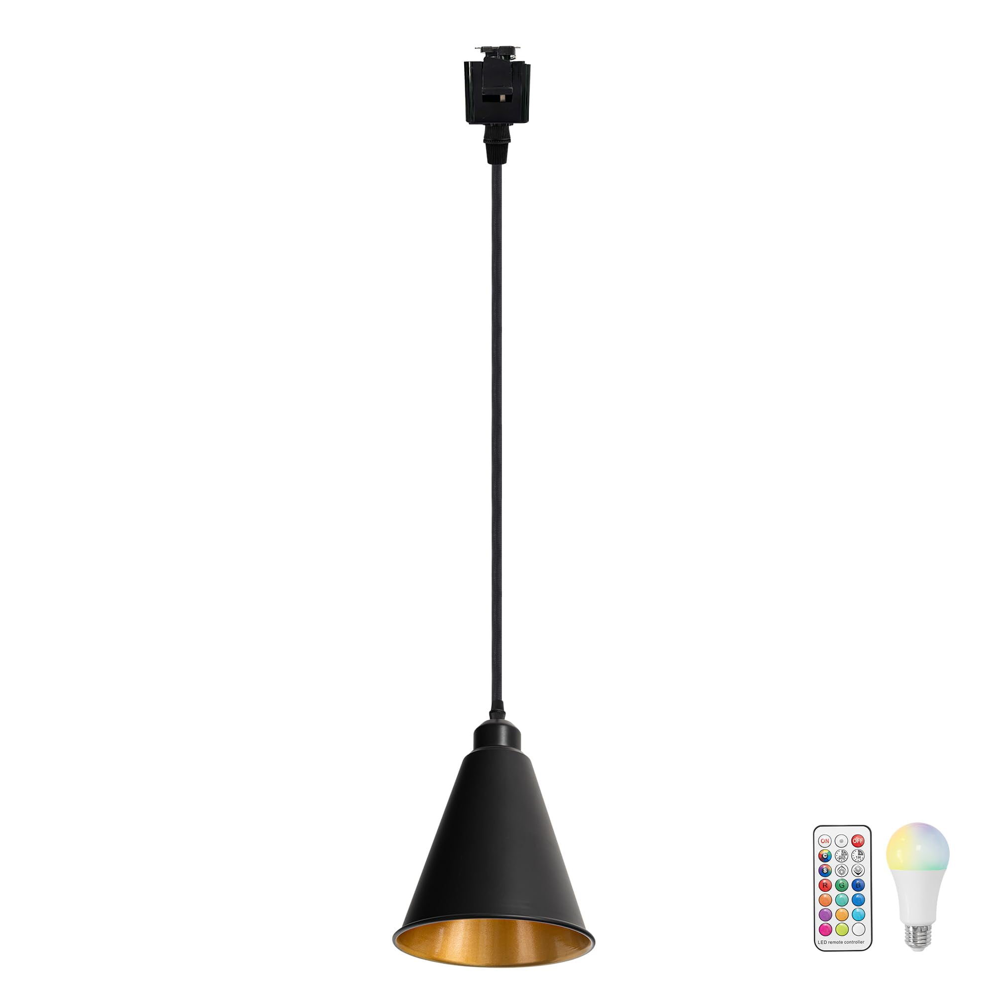 KAYYELAMP Black Metal Cone Shade Inner Gold Track Lighting H-Type 39.3 Inches Woven Black Cord Vintage Remote RGB Warm Light Track Lamp for Kitchen Dining Table Loft