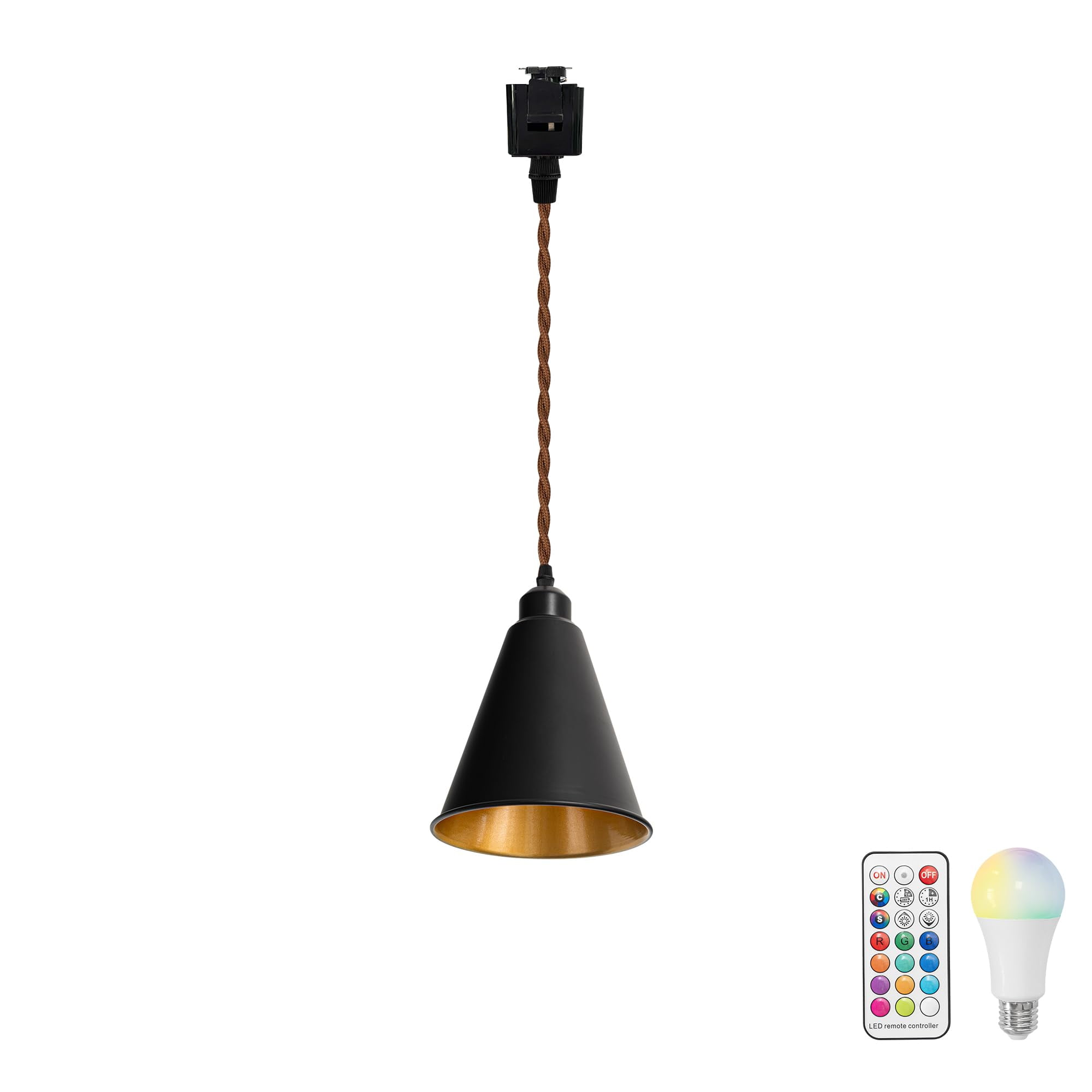 KAYYELAMP Black Metal Cone Shade Inner Gold Track Lighting J-Type 11.8 Inches Brown Twisted Cord Vintage Remote RGB Warm Light Track Lamp for Kitchen Dining Table Loft