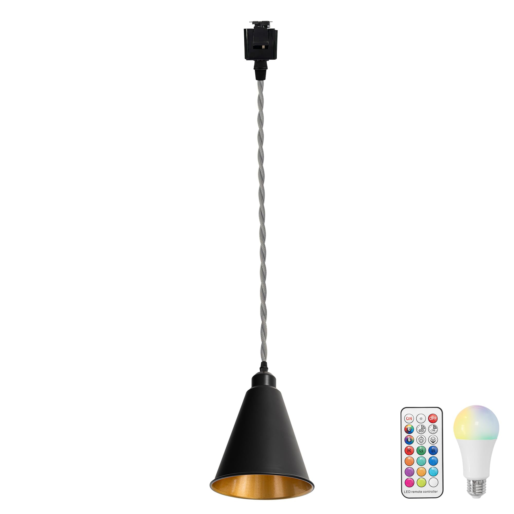 KAYYELAMP  Black Metal Cone Shade Inner Gold Track Lighting J-Type 39.3 Inches Gray Twisted Cord Remote RGB Warm Light Vintage Track Lamp for Kitchen Dining Table Loft