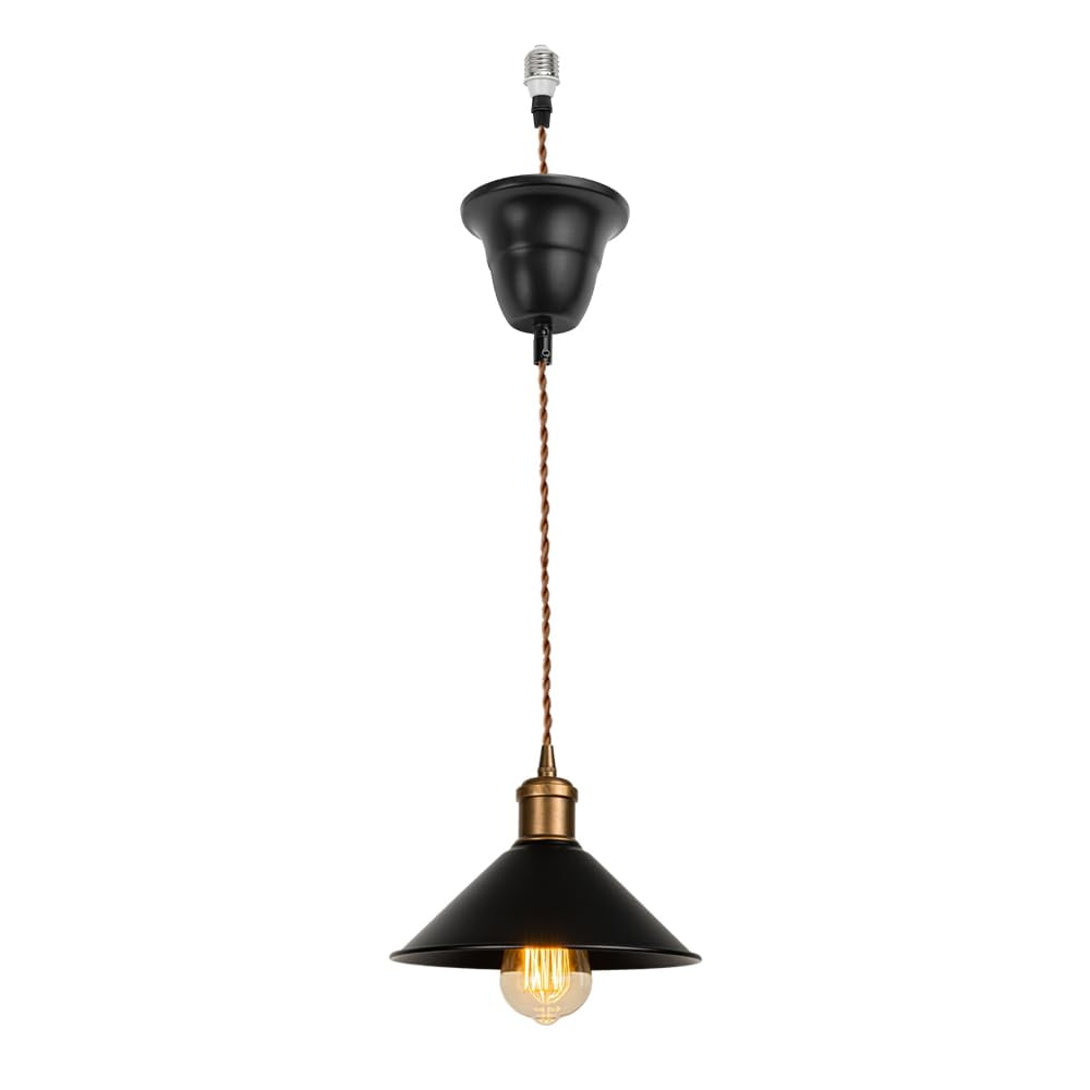 KAYYELAMP Black Metal Lampshade Droplight E26 Copper Base Adjusted Cord Hanging Light Vintage Pendant Light Fixture for Kitchen Island Sink Cafe Home(No Bulb)