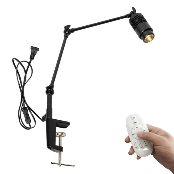 KAYYELAMP Clip-on Dimmable Spot Lamp 7W Focus Lighting Remote Control 9.8 Feet Plug in Button Cord Black Simple Design for Reading Rental House No Wiring Required Removable Convenient