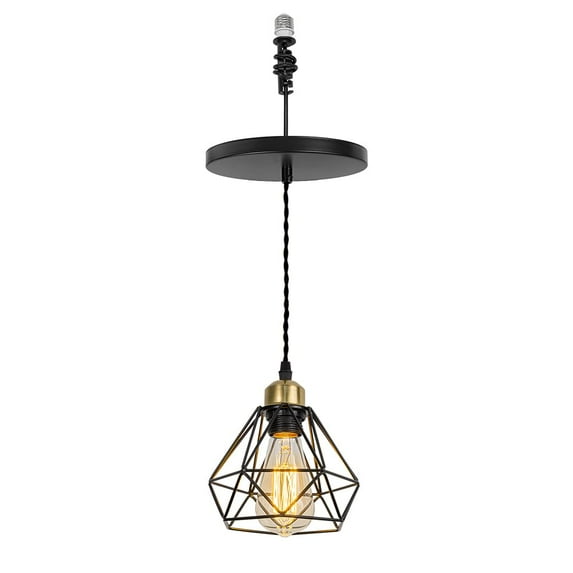 KAYYELAMP Converter Adapter E26 Mounted Cans Hanging Light Gold Copper Base Black Cage Metal Shade Vintage Pendant Lamp Replacement Downlight for Kitchen Island Entrance Loft(No Bulb)