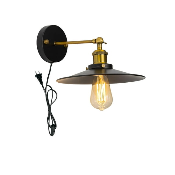KAYYELAMP Corded 5.9 Feet Button Adjustable Angle Wall Sconce 10" Dia Black Metal Shade Wall Lamp Vintage Design for Bedroom Living Room Farmhouse Kitchen Bedside