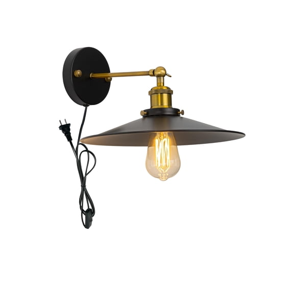 KAYYELAMP Corded 5.9 Feet Button Adjustable Angle Wall Sconce 11.8" Dia Black Metal Shade Wall Lamp Vintage Design for Bedroom Living Room Farmhouse Kitchen Bedside
