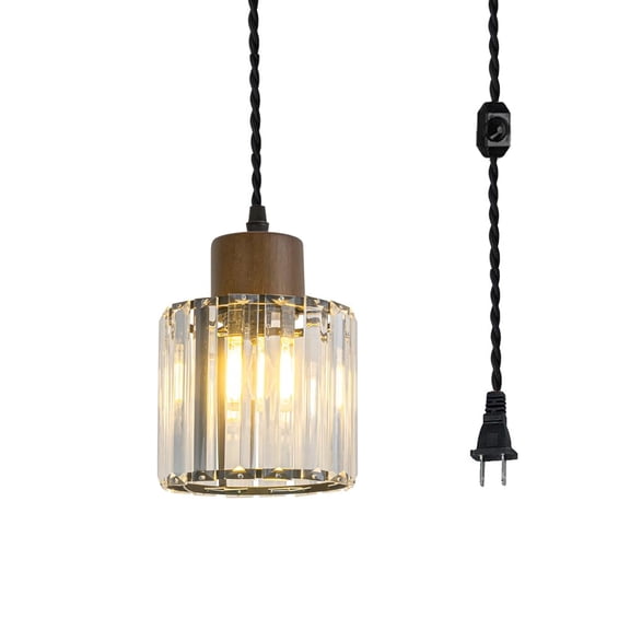 KAYYELAMP Crystal Lampshade Walnut Base 15 Feet Plug in Dimmable Cable Retro Pendant Light for Island Kitchen Dining Table Loft Stairs(No Bulb)
