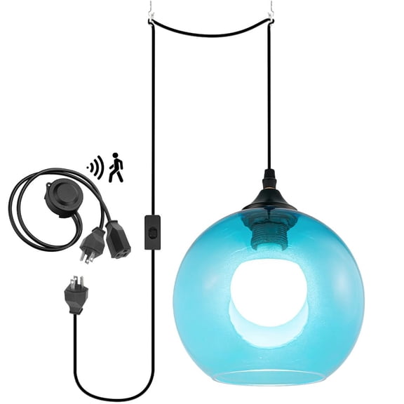 KAYYELAMP Detachable Motion Sensor Blue Glass Ball Shade 3-Prong Plug Cord(15Ft) Retro Style Hanging Porch Light for Entrance Kitchen(No Bulb)