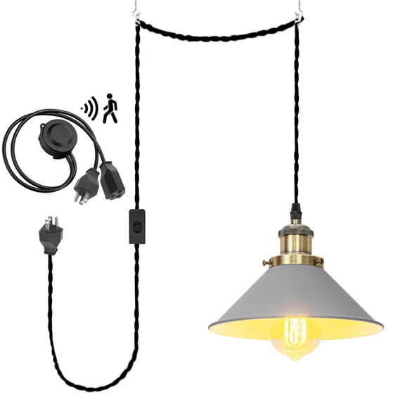 KAYYELAMP Detachable Motion Sensor Grey Metal Shade 3-Prong Plug Cord(15Ft) Vintage Design Hanging Porch Light for Entrance Kitchen(No Bulb)