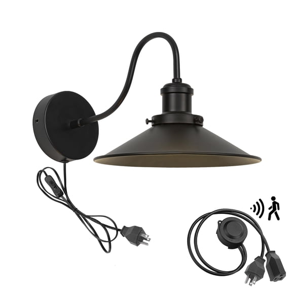 KAYYELAMP Detachable Motion Sensor Metal Wall Light with Three Prong Plug, Black Gooseneck Wall Porch Lighting for Entrance Kitchen(No Bulb)