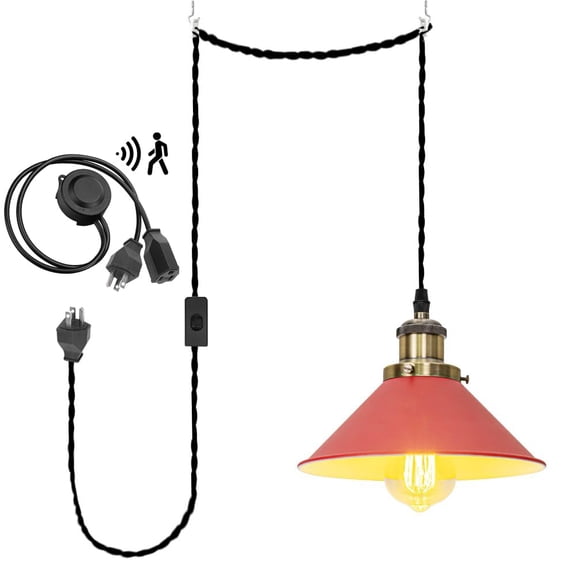 KAYYELAMP Detachable Motion Sensor Red Metal Shade 3-Prong Plug Cord(15Ft) Vintage Design Hanging Porch Light for Entrance Kitchen(No Bulb)