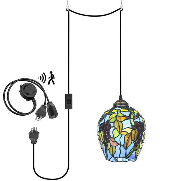 KAYYELAMP Detachable Motion Sensor Tiffany Style Pendant 3-Prong Plug Cord(15Ft)Lovely Grapes Leaf Pattern Glass Shade Hanging Porch Light for Entrance Kitchen(No Bulb)