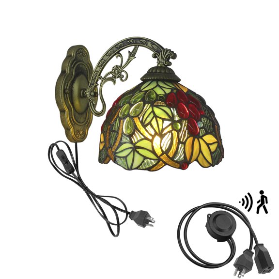 KAYYELAMP Detachable Motion Sensor Tiffany Wall Sconce - Three Prong Plug Cord Glass Grape Leaves Shade Elegant Handmade Lighting for Kitchen & Entryway