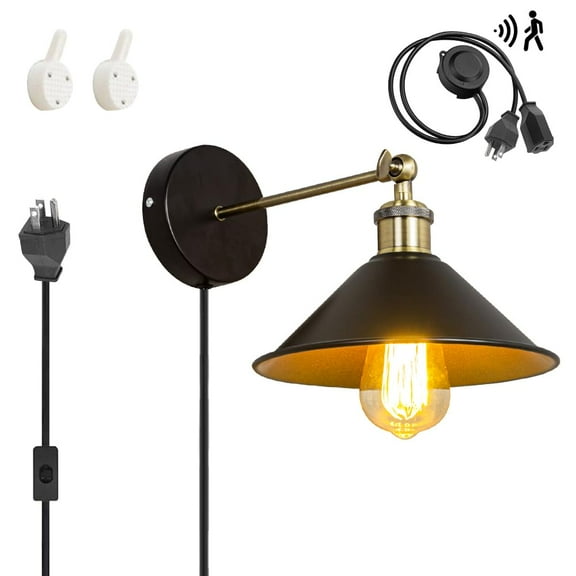 KAYYELAMP Detachable Motion Sensor Wall Light with Three Prong Plug, Black Shade Inner Gold Adjustable Angle Vintage Wall Porch Lighting for Entrance Kitchen(No Bulb)